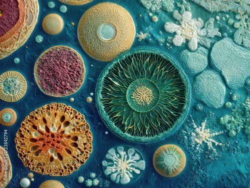Microscopic life forms, diverse textures and colors on a dark blue background