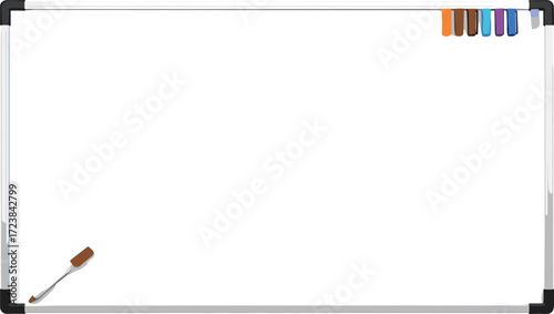 Whiteboard vector illustration, blank board design, marker and eraser set, office tool, classroom supply, clean surface, minimal layout
