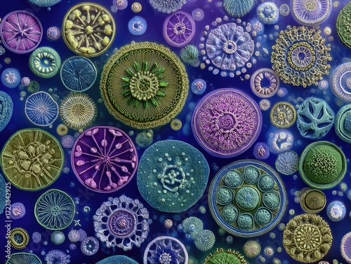 Microscopic vibrant circular organisms on a dark blue background