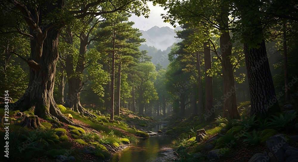 Obraz premium Sunlit stream flowing through a dense and ancient green forest.