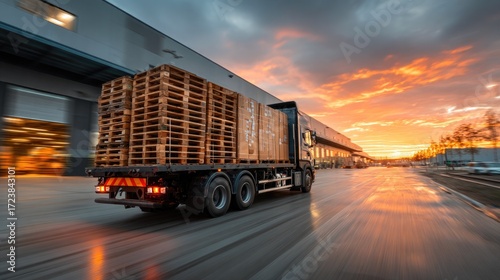 Fototapeta Naklejka Na Ścianę i Meble -  Delivery truck transporting wooden pallets near warehouse at sunset