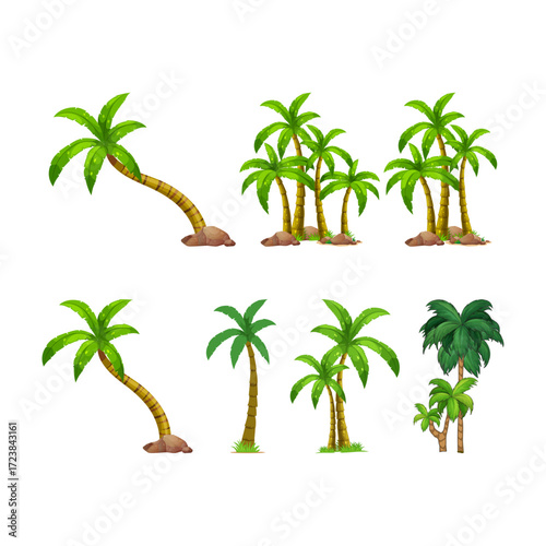 Vibrant collection of cartoon tropical palm trees for exotic summer designs