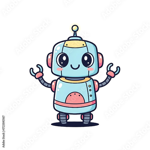 Cute Friendly Blue Robot Character Cartoon Illustration on White Background
