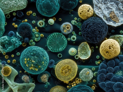Microscopic view of diverse, colorful organic spheres and structures