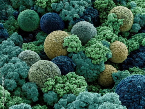 Microscopic view of diverse spherical particles and textured aggregates in varying shades of green, blue, and gold
