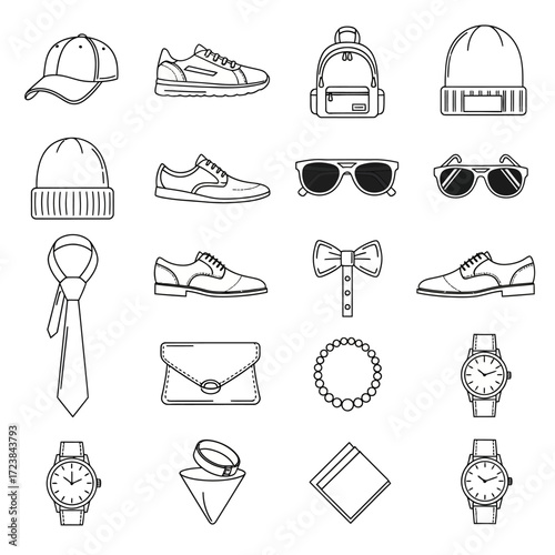 Line art icons of various fashion accessories and apparel items.