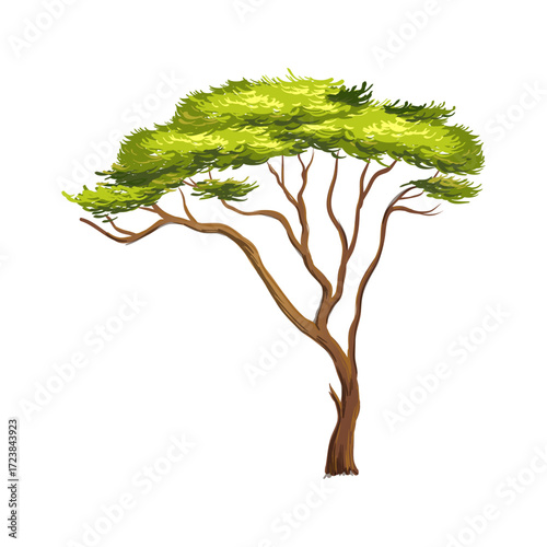 Stylized Illustration of an Acacia Tree with Lush Green Leaves and Brown Trunk