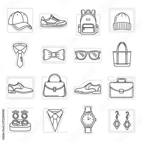 A collection of line art icons representing various fashion accessories for men and women, including hats, shoes, bags, ties, and jewelry.