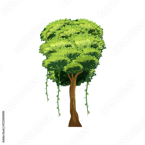 Beautifully illustrated solitary jungle tree with a dense canopy and hanging liana vines