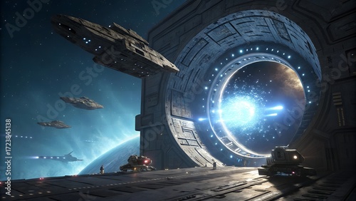 Wallpaper Mural Spaceships fly through a stargate in a science fiction scene with planets Torontodigital.ca