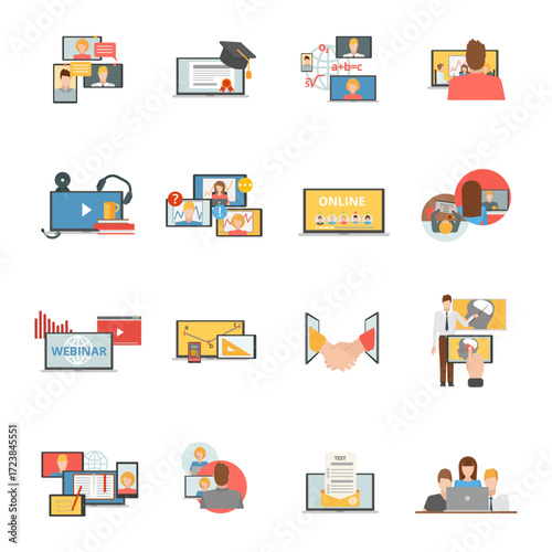 Set of colorful icons representing online learning, webinars, and virtual communication