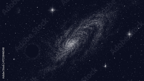 Space vector stipple background with galaxy and stars. Night sky texture cosmic art for design. Abstract universe wallpaper.