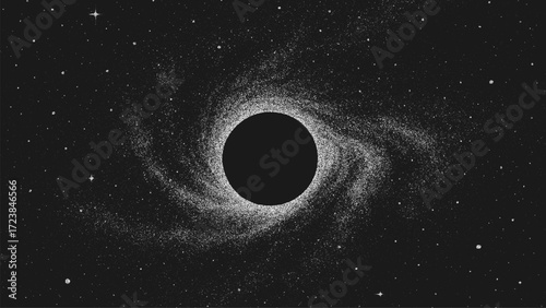 Black hole in swirling dust cloud. Space stipple vector background for science, astronomy, cosmic mystery concept.