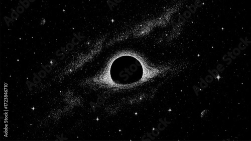 Stipple drawing of a black hole in outer space with stars and galaxy background. Astronomical illustration for science and astronomy.