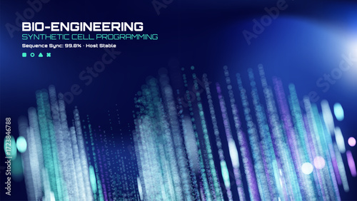 Bio-engineering synthetic cell programming text on a blue background with vertical light dots. Future technology concept.