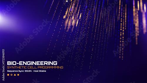 Bio-engineering synthetic cell programming. Digital data stream on purple background. Future technology concept.