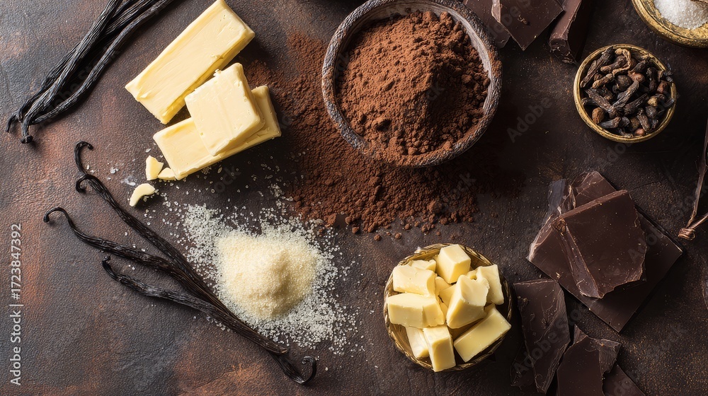 Fototapeta premium Flat lay of chocolate making ingredients with cocoa powder butter sugar and vanilla pods on rustic background for culinary concept