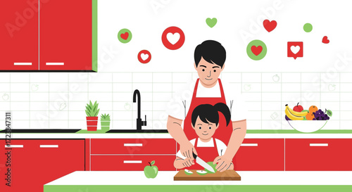 A heartwarming scene of a father and daughter bonding in the kitchen while preparing a healthy