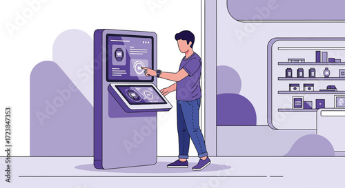 A man interacts with a touchscreen kiosk in a modern retail environment featuring a minimalist