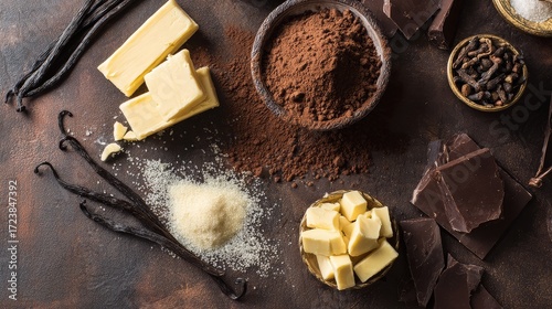 Flat lay of chocolate making ingredients with cocoa powder butter sugar and vanilla pods on rustic background for culinary concept