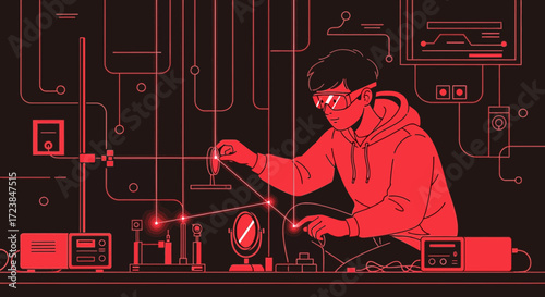 A scientist conducting a physics experiment with lasers and mirrors in a lab setting highlighting