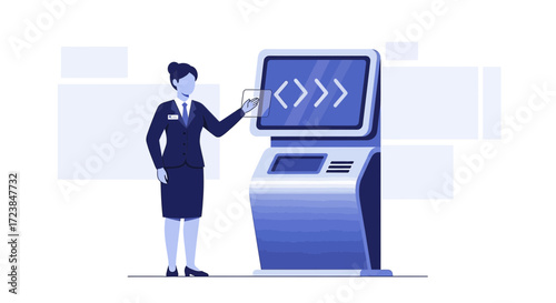 A woman in professional attire interacts with an informational touch screen kiosk in a public space