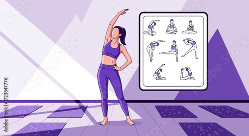 A woman practices yoga in a studio with various yoga poses depicted on the wall display