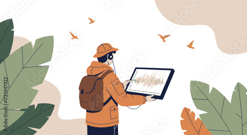 Acoustic ecology researcher analyzes avian vocalizations in a natural setting using a digital tool
