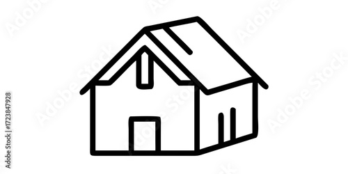 Simple house icon with pitched roof and doorway 
