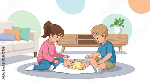 Adorable illustration showcasing siblings bonding over their newborn baby brother or sister at home