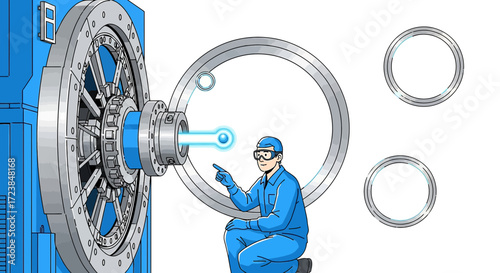 An engineer manages an advanced machine for industrial or research applications with light