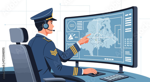 Air traffic controller monitoring radar screen during a search and rescue operation on the world