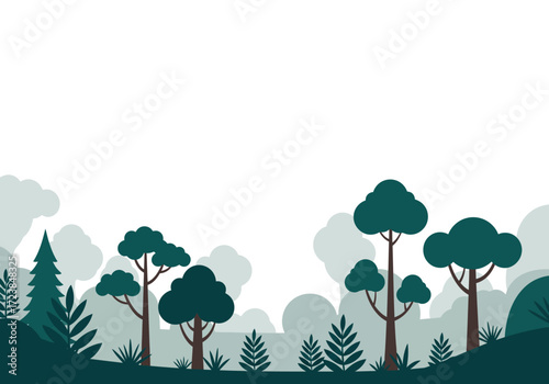 Tranquil Landscape Illustration with Diverse Trees and Plants.