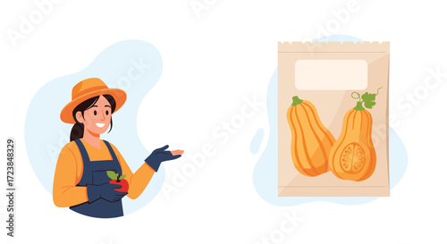 A gardener showing a packet of butternut squash seeds for planting.