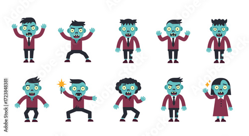 Set of ten cartoon zombie characters in pixel art style with different poses.
