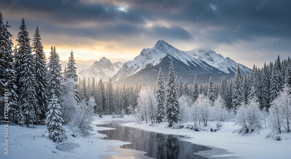 Fototapeta premium Snowy mountain landscape with ice covered river, snow-covered trees, with a dramatic sky and mountain views in the background.