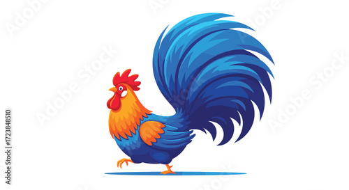A vibrant rooster with a large blue tail struts proudly.