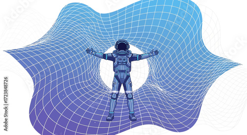 Astronaut in Space-Time Curvature Illustration Depicting Gravity and Relativity
