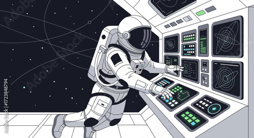 Astronaut piloting spaceship in deep space among the stars operating control panel technology