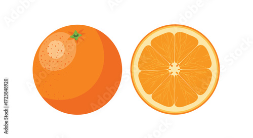 A whole orange next to a cut half of an orange showing its juicy interior.