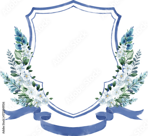 A beautiful hand drawn watercolor features a shield crest framed by delicate blue and white flowers, lush green leaves, and a flowing blue ribbon banner, ideal for elegant design projects.