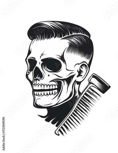 The illustration depicts a barber skull with a well-groomed male hairstyle. The image combines the aesthetics of barber culture with elements of gothic and brutalism.
