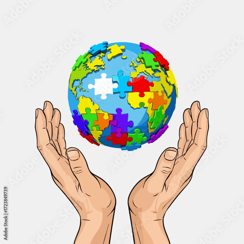Hands holding a colorful jigsaw puzzle of the Earth globe, a concept for global unity, international cooperation, and teamwork to solve world problems