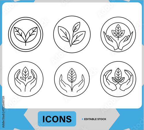 Eco-Friendly Hand and Leaf Icons Set Green Nature Care Icons in Line Art Style for Eco Sustainable Nature and Leaf Hand Icons
