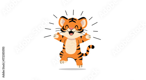 A joyful cartoon tiger is happily jumping with excitement in the air.