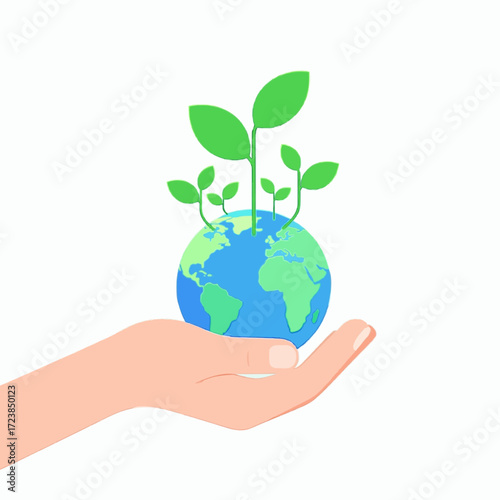 Ecology and sustainability concept showing a hand holding the planet Earth with green sprouts symbolizing new life, growth, and a green future