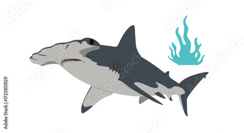 A hammerhead shark swims powerfully through ocean waters with glowing blue flames trailing behind it.