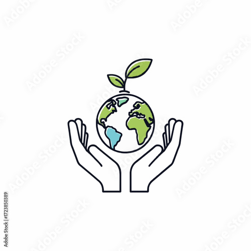 Line art icon of cupped hands holding the globe with a green sprout, symbolizing ecology and care for nature