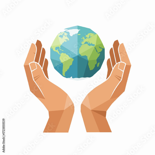 Human hands carefully cupping a geometric, low-poly Earth. A conceptual illustration of global care, environmental protection, and sustainability
