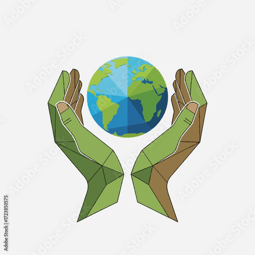 Abstract illustration of geometric green hands holding the planet Earth, a concept of environmental care, global unity, and sustainability